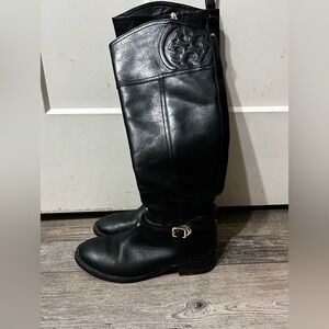 Tory Burch Black Marlene Leather Riding Boots full zip up gold buckle detail